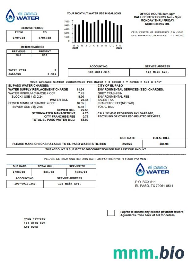 Szablon rachunku za media wodne w USA Texas El Paso w formacie Word i PDF